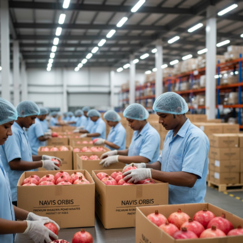 Workers packing fresh Bhagwa pomegranates in export cartons labeled Navis Orbis – reliable pomegranate exporter from India.